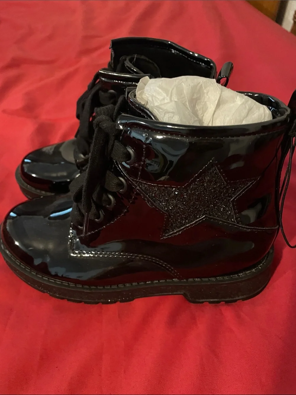 MIA Kids Black Patent Lace-Up Ankle Boots with Side Zip